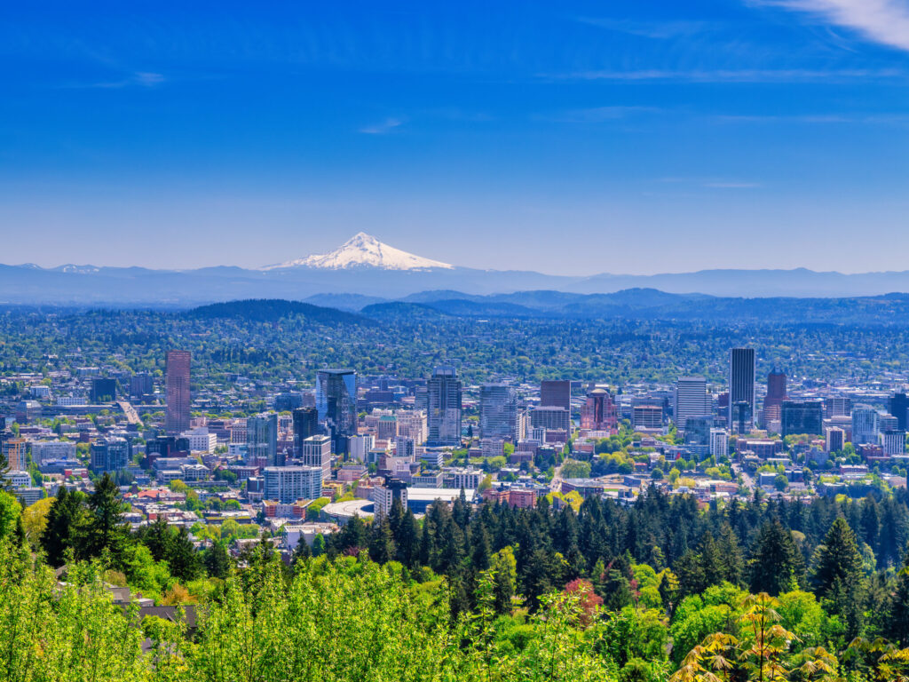 Portland skyline in the summer, where the Portland Business Journal is located. PBJ just named Aldrich in its 2024 Best Places to Work list.